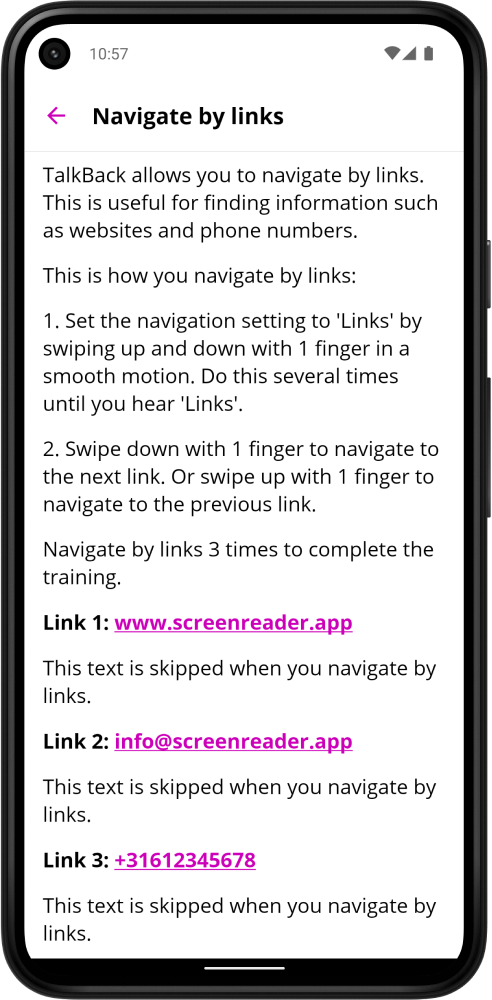Screenshot of the ScreenReader app showing an explanation how to perform an action