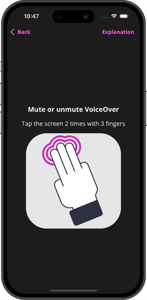Screenshot of the ScreenReader app showing an explanation how to perform a gesture